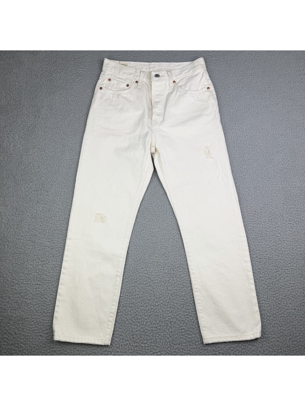 Levis 501 Button Fly Distressed Mid Rise Ivory Denim Jeans Women's 27x26
